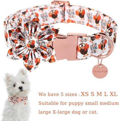 Thanksgiving Dog Collar with Flower, Turkey Cotton Flower Collar for Puppy Girl Dog or Cat, Autumn Flower Collar with Durable Metal Buckle, Thanksgiving Pet Collar, M, Neck 13.5-22in