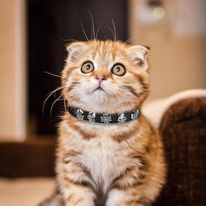 EXPAWLORER Leather Cat Collar for Girl Boy- Adjustable Pet Collar with Safety Elastic Belt,Personalized Punk Accessories Buckle Collars with Bell & Durable D-Ring, Skull(Black)