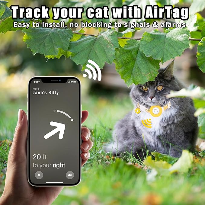 Airtag Cat Collar, JXFUKAL Kitten Collar Breakaway with Silicone Airtag Holder, Bells & Flower Charm for Girl Cats Boy Cats Small Dogs(Yellow)
