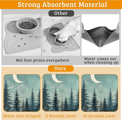 Pet Feeding Mat,Abstract Forest Absorbent Dog Cat Food Mat Moon Dog Mat with Rubber Backing,Non-Slip Water Bowl Placemat,Pet Supplies 12" x 20"