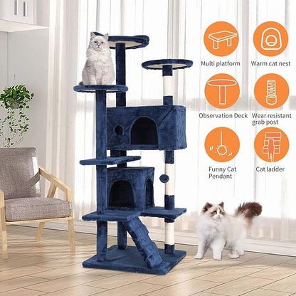 Cat Tree for Indoor Cats, Multi-Level Cat Tower with Scratching Posts & Cozy Condo, Space Saving Cat Activity Center, Durable Pet Play House (54in,Navy Blue)