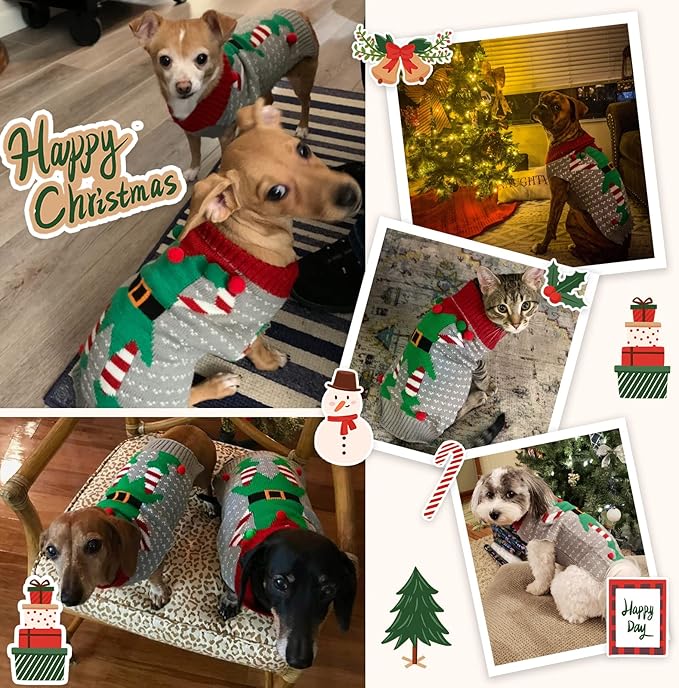 Dog Cat Ugly Christmas Sweater Boy Girl Xmas Pet Clothes Holiday Puppy Costume New Year Gifts for Small Medium Large Dogs Outfits (XL, Grey Elf)