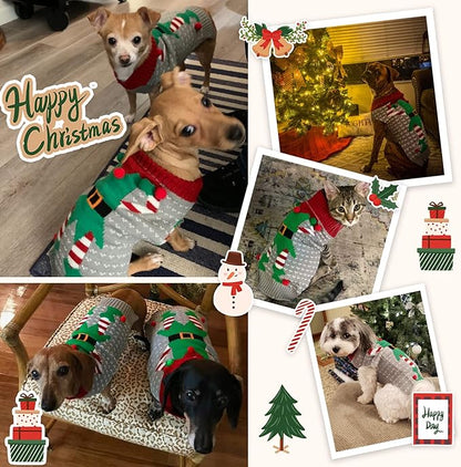 Dog Cat Ugly Christmas Sweater Boy Girl Xmas Pet Clothes Holiday Puppy Costume New Year Gifts for Small Medium Large Dogs Outfits (S, Grey Elf)