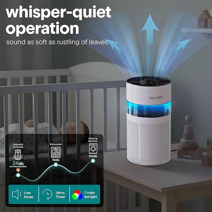 SereneLife Portable Air Purifier - Small Air Purifier with Aroma Box & Ambient Light, High Filtration Efficiency, 2-Speed, Timer & Sleep Mode, Filter Change Reminder, 6 x 6 x 12 in. (White)
