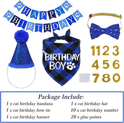 STMK Cat Birthday Party Supplies, Cat Birthday Hat with Numbers Bandana Bow Tie Collar Banner for Cats Kittens Birthday Outfit Decorations