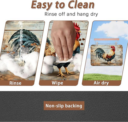 Rooster Dog Food Mat for Floors,Vintage Wood Panel Absorbent Quick-Dry Pet Feeding Mat,Cat Dog Bowl Mats for Food and Water,Non-Slip Pet Accessories Supplies 16"x24"