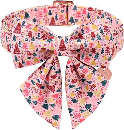 Christmas Dog Collar with Bow Tie, Pink Christmas Tree Collars for Dogs, Adjustable Pet Collar with Cute Xmas Tree Pendant, Winter Dog Accessories for Small Medium Large Dogs M