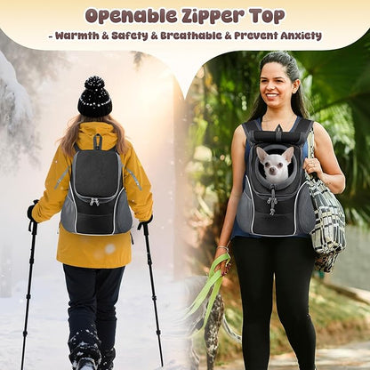 WOYYHO Pet Dog Carrier Backpack with Top and Side Windows, Small Dog Front Backpack Ventilated Dog Back Pack with Safety Belt for Travel Hiking Outdoor Adventures (Size M: 5-9 lbs, Black 2.0)