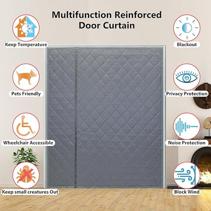 Reversible Wide Magnetic Thermal Insulated Door Curtain for Winter,Thicken Polyester Fiberfill & Heavy Duty Oxford Cloth,Temporary Window Insulation Cover Curtain for French Sliding Door,74”x81,Grey