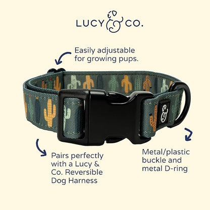 Lucy & Co. Looking Sharp Dog Collar - Durable Lightweight Designer Collar for Pets - Adjustable Metal Safety Buckle - Green Gold Cactus - Large