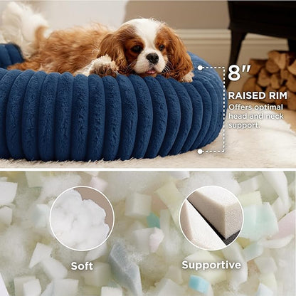 Bedsure ComfyFleece™ Donut Medium Dog Bed - Washable Faux Fur with Corduroy Fleece & Anti Slip Bottom, Round Pet Beds with Removable Cover, Night Blue, 30x30x8 inches
