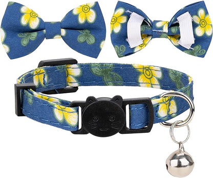Collar for Cat Pet Breakaway with Bell Bowtie Detachable Bow Adjustable Safety Kitten Puppy Girl Boy 2pcs Flower-Blue & Yellow