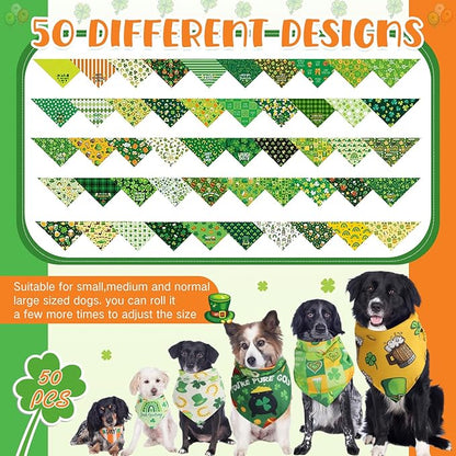 Chunful 50 Pcs St. Patrick's Day Dog Bandanas Bulk with Sayings Dog Bandanas Triangle Scarf Puppy Bibs Pet Costume Adjustable Cat Outfit Washable Bids Kerchief for Small Medium Pet