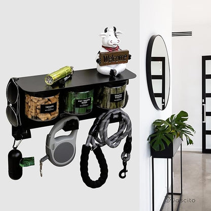 Dog Treat Holder For Wall Storage For Pets, Premium Pet Wall Organizer, Includes Three 16oz Airtight Dog Treat Jars, 3 Sets of Triple Hooks, Sturdy Shelf in Modern Black