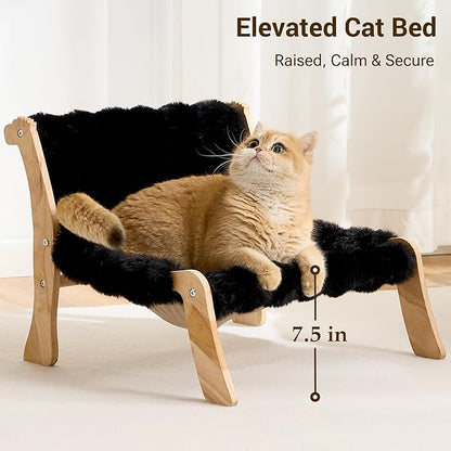 Solid Wood Cat Couch Bed for Indoor Cats, Modern Cat Sofa with Ultra-Soft Plush Surface Washable, Reclined Backrest, Elevated Elevated Cat Lounge Furniture for Small to Adult Pets, Sheen Black