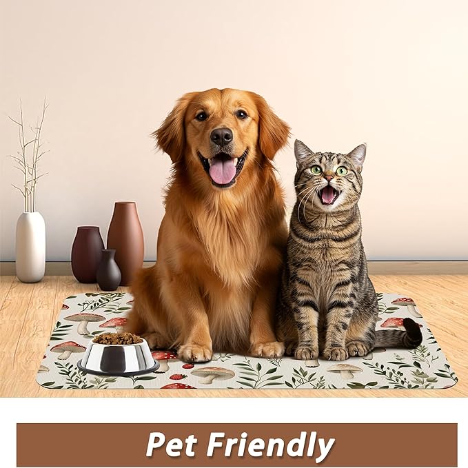 Red Mushroom Pet Feeding Mat,Fern Herb Berries Absorbent Quick-Dry Cat Dog Food and Water Bowl Mats,Non-Slip Rubber Backing Mat,Cat Dog Accessories Supplies 12"x20"