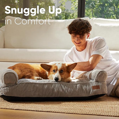 FUKUMARU Dog Couch Bed, Corduroy Cozy Cat Bed for Indoor Cats with Washable Cover, 28in Waterproof Orthopedic Dog Beds Sofa for Small Dogs and Large Cats, Cute Warm Cotton Pet Sofa, Grey
