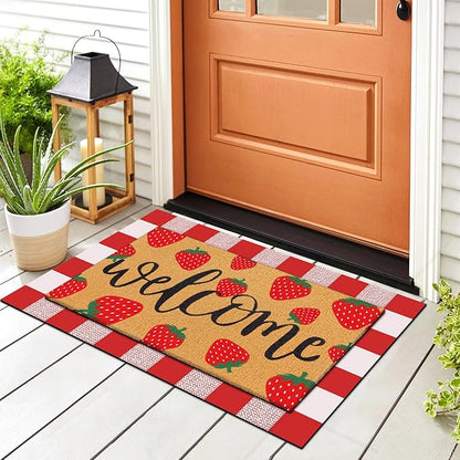 Tinideya 2 Pcs Strawberry Door Mat Fruit Pattern Design Welcome Non Slip Coir Mats Red and White Plaid Floor Layering Doormats Seasonal for Front Porch Entryway Decor(Strawberry)