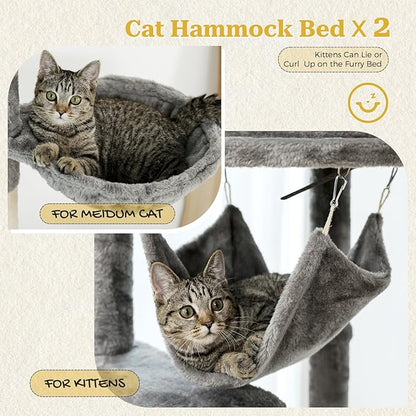 PETEPELA Floor to Ceiling Cat Tree, 92.9''-101.6''Height Adjustable Cat Tower Tall Cat Climbing Play House, Cozy Condo, Scratching Post and Spacious Hammock for Indoor Cats Large Adult, Gray