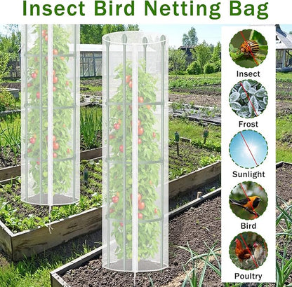3 Pcs Round Tomato Cage Bird Netting Plant Cover, 59" x 15.7" Insect Bird Barrier Tomato Cage Protection Cover with Zipper & Drawstring for Protecting Tomatoes, Fruit, Trellis Plants