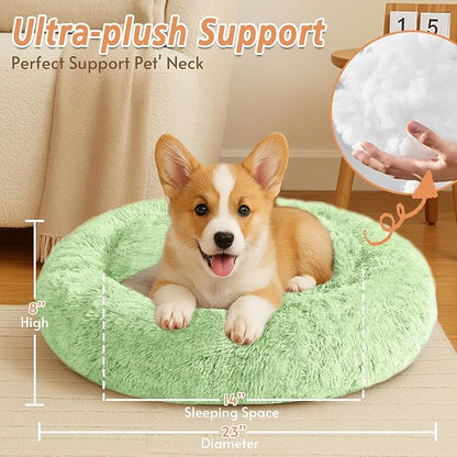 JOLLYVOGUE Calming Dog Bed for Small Dogs - 23 inches Donut Washable Small Dog Bed for Kittens & Puppies, Anti-Slip Round Fluffy Plush Faux Fur Cat Beds (Fits up to 25 lbs Pets, Light Green)