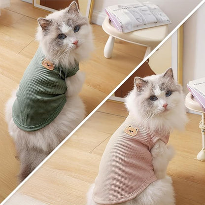 Waffle Knit Cat & Dog T Shirt for Small Dogs, Stretchable Puppy Shirt for Sphynx Cats & Small Breeds, Pet Clothes | Breathable Summer/Winter Apparel for Newborn(2PCS Small)