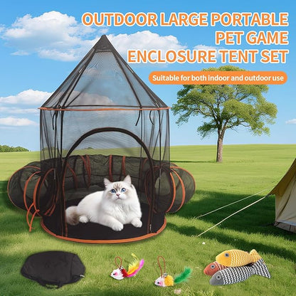 Outdoor Cat Enclosure with Tunnel - Large Portable Pet Playpen Tent for Indoor/Outdoor, Catio Playhouse for Cats, Kittens, Rabbits & Small Animals