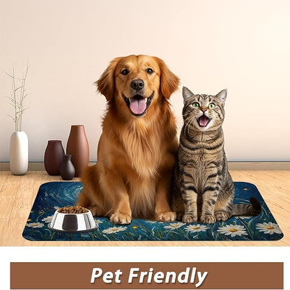 Starry Night Pet Feeding Mat,Moon Daisy Flower Absorbent Quick-Dry Cat Dog Food and Water Bowl Mats,Non-Slip Rubber Backing Mat,Cat Dog Accessories Supplies 12"x20"