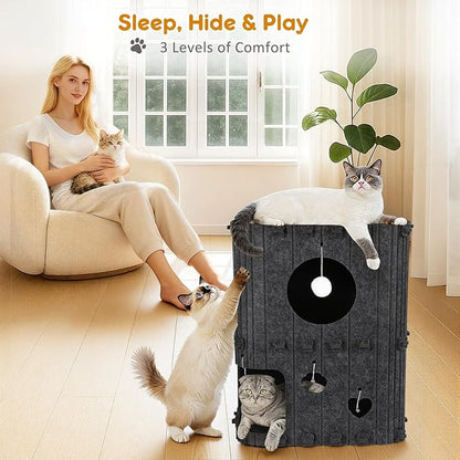 Cat House for Indoor Cats - 2-Story Enclosed Cat Bed Cave for Multiple & Large Cats, Felt Covered Pet Hideaway Tunnel Condo House, Kitty Hut Hideout Cube, Scratch Resistant, Gray