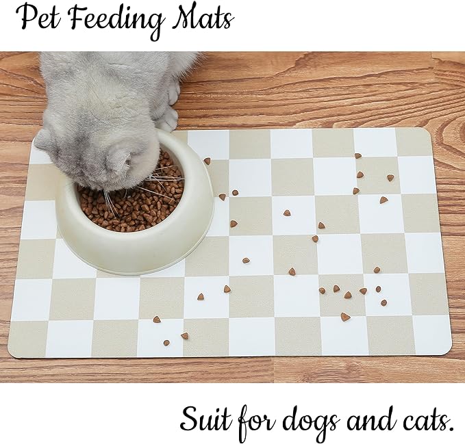 Ralxion Checkered Dog Feeding Mat, Absorbent Mats for Dog Food and Water Bowl, Dispenser, Retro Aesthetic Beige Khaiki Checkerboard Pet Placemat for Dogs, Cats, Puppy Accessories, 16" X 24”