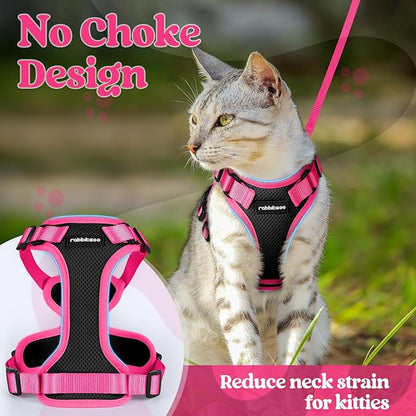rabbitgoo Cat Harness and Leash Set, Escape Proof Soft Adjustable Vest Harnesses for Outdoor Walking, Easy Control Breathable Kitten Jacket with Reflective Strips, Black & Rose Pink, S