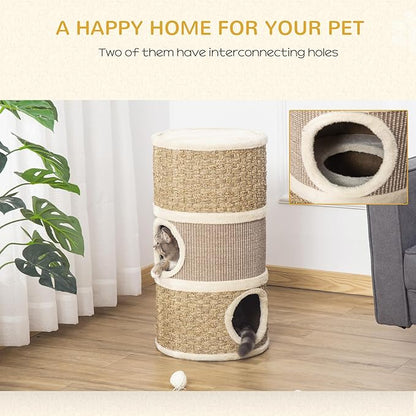 PawHut 28 Inch Cat Condo, 3 Story Cat Hideaway with Sisal Scratching Pad, Barrel Shaped Small Cat Tree for Indoor Cats, Khaki and Brown