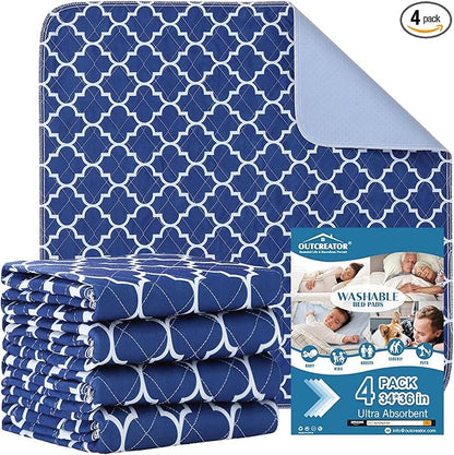 OUTCREATOR® Washable Bed Pads 34" x 36" (Pack of 4), Incontinence Mattress Protector, Anti-Slip Waterproof Underpads for Adults Kids Elderly Pets,Heavy Absorbency & Reusable Bedwetting Pads(Dark Blue)