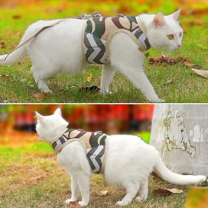 Cat Harness and Leash Set for Walking Escape Proof, Adjustable Cat Vest Harness, Padded Stylish Cat Walking Jackets, Camo Green, X-Small