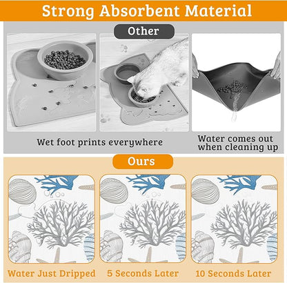 Seashell Beach Feeding Mat,Coral Starfish Absorbent Quick-Dry Cat Dog Food and Water Bowl Mats,Non-Slip Rubber Backing Mat,Cat Dog Accessories Supplies 12" x 20"