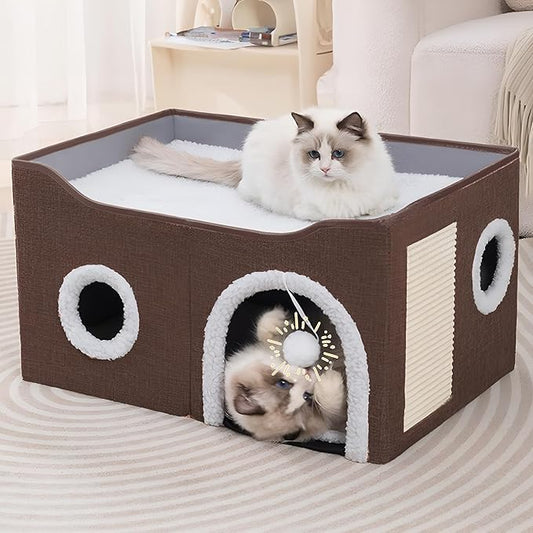 Cat Houses for Indoor Cats - Large Cat Bed Cave with Scratch Pad and Fluffy Ball, Foldable Cat Condo Hideaway with Reversible Cushion for Multi Small Pet，Brown