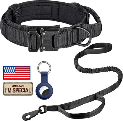 DAGANXI Tactical Dog Collar Leash Set, Adjustable Military Training Nylon Dog Collar with Controll Handle and Heavy Metal Buckle for Medium and Large Dogs，with Patches and Airtags Case (L, Black-Set)