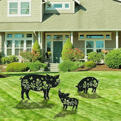 Pig Metal Garden Stakes Yard Decor, 3PCS Pig and Butterfly Silhouette Outdoor Garden Decor for Yard Art, Patio, Outside, Lawn Ornaments