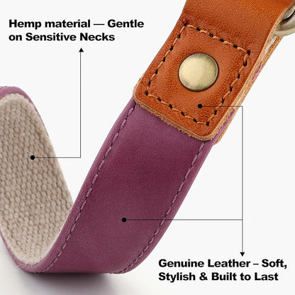 Plutus Pet Genuine Leather & Hemp Dog Collar – Adjustable Heavy Duty Pet Collar with Quick Release Metal Buckle, Soft & Stylish for Puppy and Small, Medium, Large Dogs (Purple, S)