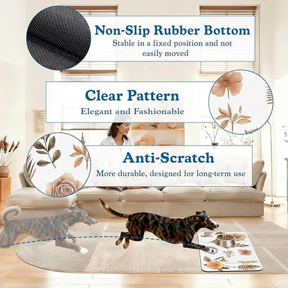 Floral Palm Leaves Dog Cat Food Mat–Christmas Stocking Absorbent Waterproof Placemat for Food and Water Bowls, Non Slip Rubber Backing, Feeding Mat for Clean Floors 16"x24"
