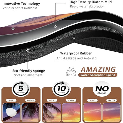 Tropical Palm Pet Feeding Mat,Sunset Trees Sea Beach Absorbent Quick-Dry Cat Dog Food and Water Bowl Mats, Non-Slip Rubber Backing Mat, Cat Dog Accessories Supplies 16"x24"