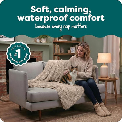 Furhaven Waterproof Throw Blanket for Dogs & Indoor Cats, Washable - Shaggy Plush Calming Long Faux Fur & Velvet Dog Blanket - Taupe, Medium