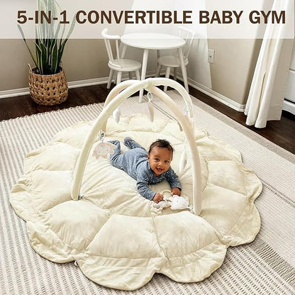 Little Dove 5-in-1 Convertible Baby Play Gym with 6 Toys, Tummy Time Mat for Sensory Development, Baby Activity Center for Newborn & Toddler, Ball Pit, Soft Pet Mat, No Ball Included Cream