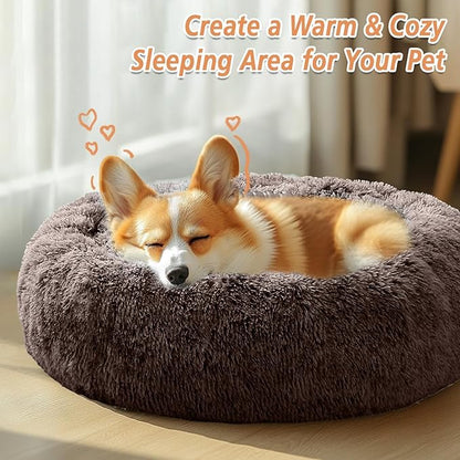 JOLLYVOGUE Calming Dog Bed Medium Size Dog, Anti-Anxiety Donut Medium Pet Bed, 31 inches Fluffy Faux Fur Round Cat Bed, Fits up to 45 lbs Pets