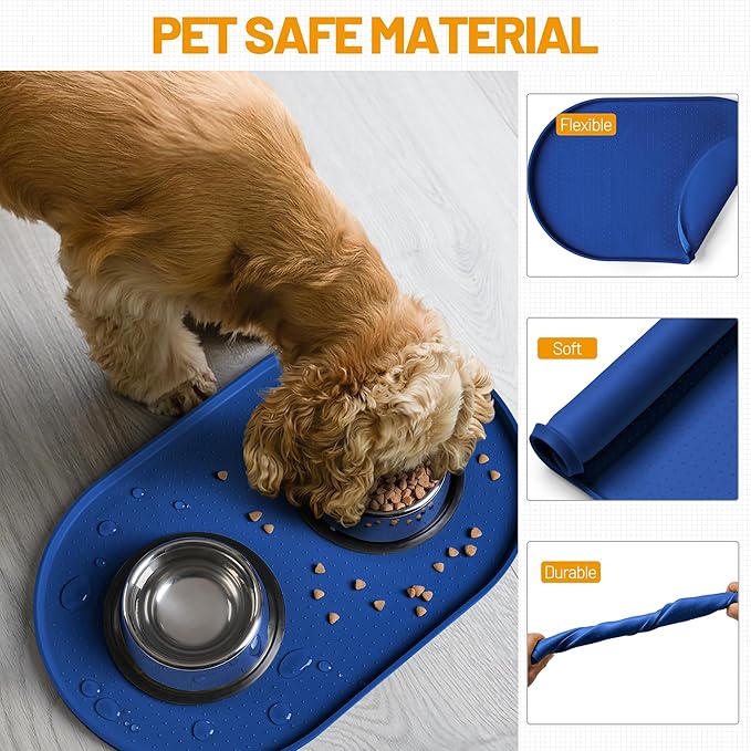 Hubulk 100% Waterproof Silicone Pet Feeding Mat with Raised Edge for Food and Water, Dog Bowl Mats, Cat Bowls Placemat with High Lip Protects Floor for Cats and Dogs (Navy Blue, 19" L x 12" W)