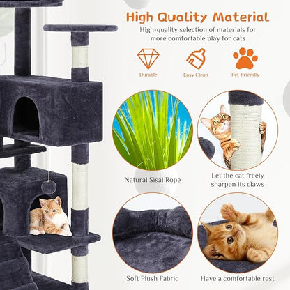 Sweetcrispy 54 Inch Cat Tree Tower, Multi-Level Tower with Cat Scratching Post, Indoor Cat Condo with Climbing Ladder, Plush Toy, Play House for Cat, Dark Grey