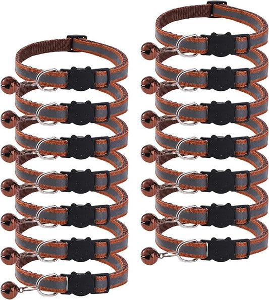 14 Pack Breakaway Cat Collar with Bell, Reflective Kitten Collar for Girl Boy Cats, Safety Buckle Adjustable 7.5-12.5 Inch, 0.4 Inch Width Lightweight, Pet Gifts (Brown)