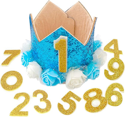 Pet Crown Hat Dog Birthday Reusable Birthday Party Crown for Boy Cat Doggie Headband Hats with 0-9 Figures Charms Pet Gift Grooming Accessories with Glue Dots Pack of 1(Blue)