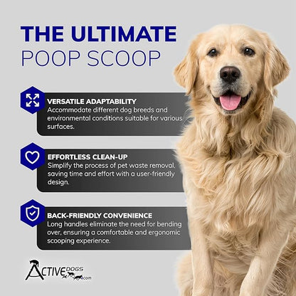 ActiveDogs Dog Poop Scooper Heavy Duty - Best Ever Dog Pooper Scooper with Teeth - Outdoor Welded Aluminum Metal & Solid Bolt Pet Waste Removal Shovel, USA Made