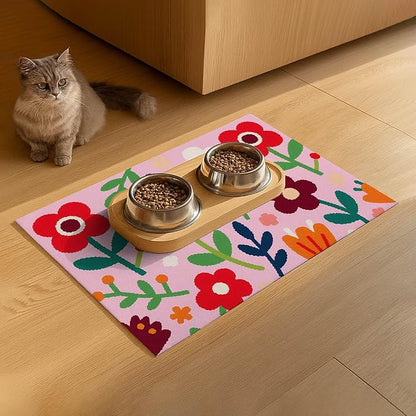 Pet Feedings Mats 20x12 inch Floral Print Pet Bowl Placemat Non Slip Mat for Cat and Dog Food and Water Indoor Pet Feeding Station Colorful Meal Mat for Small Pets Kitchen Floor Use